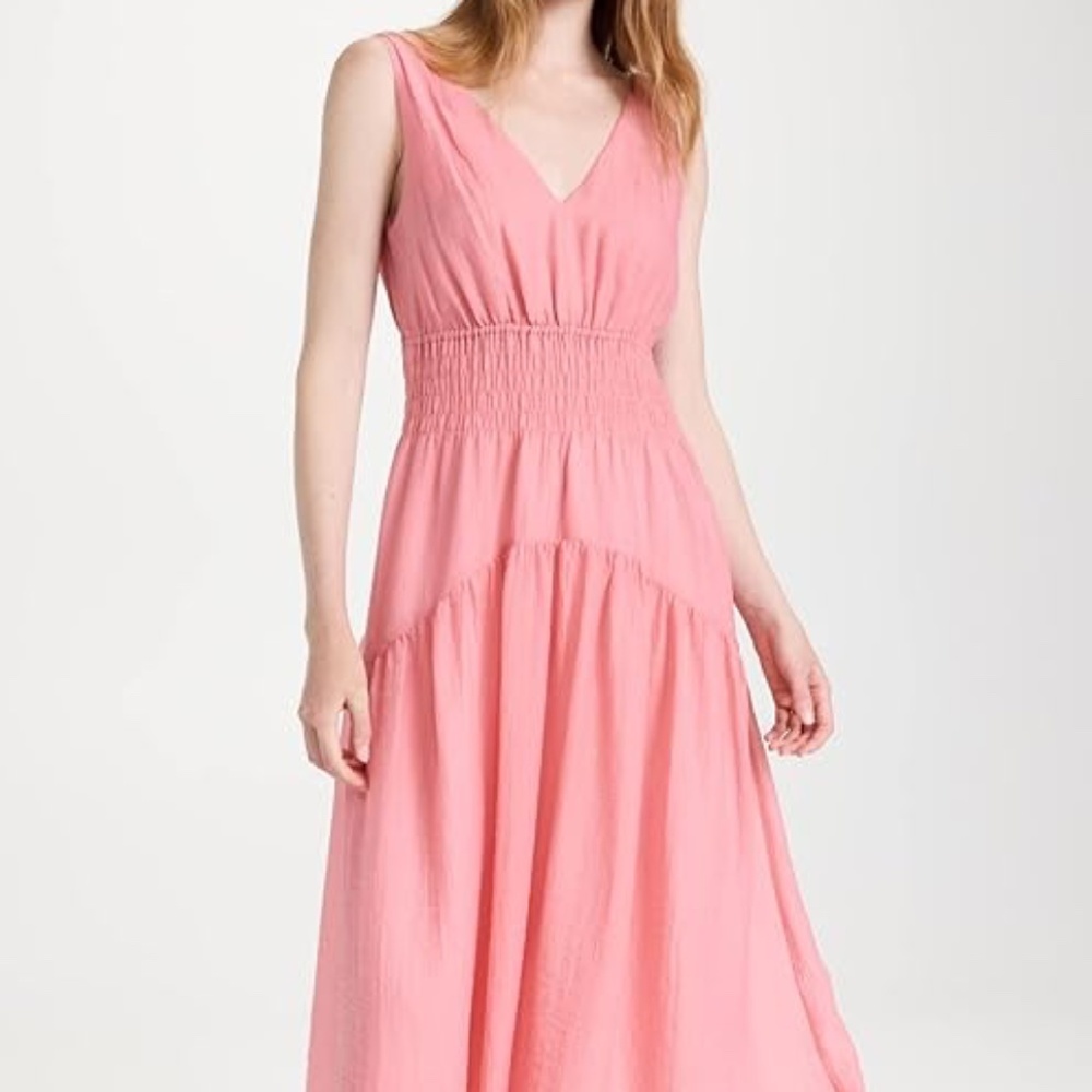 Vince Pink Sleeveless V-Neck Smocked Midi Dress